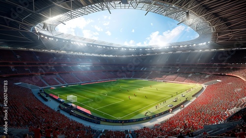 3D render of a large football stadium with bright lights and fans