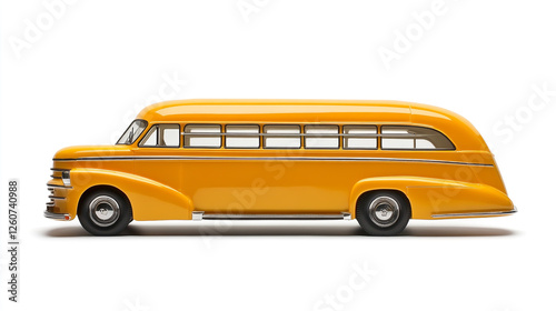 Side view of a traditional yellow school bus on a white background, showcasing the vehicle's design and details