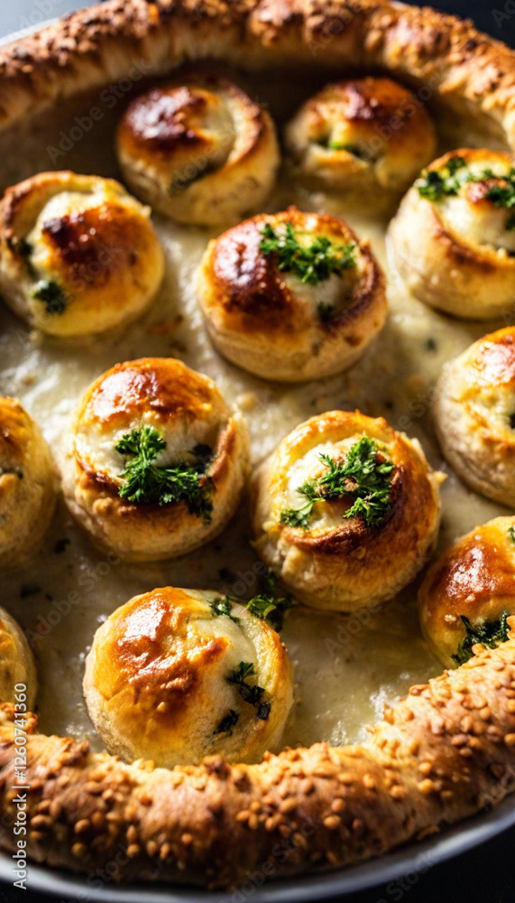 one white baking bowl plate with round Danubio Salato pie inside, savory pull-apart bread is topped with baked pie balls . dish is isolated on black background, one slice of the pie is missed, so the one white baking bowl plate with round Danubio Salato pie inside, savory pull-apart bread is topped with baked pie balls . dish is isolated on black background, one slice of the pie is missed, so the