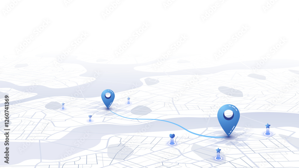 Fototapeta premium Minimalist 3D city map with GPS navigation route and destination pins. Abstract urban landscape blue tones, showing a planned travel path across river. Travel concepts. Vector illustration