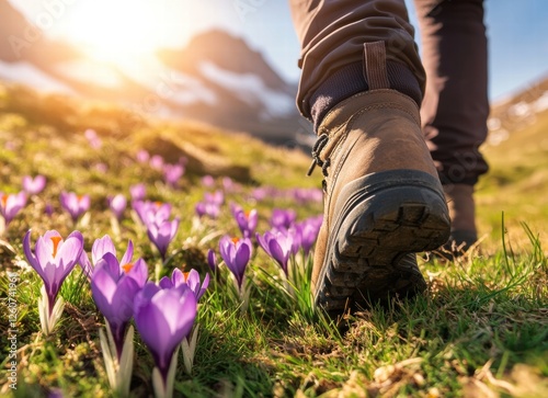 A person is walking through a field of purple flowers