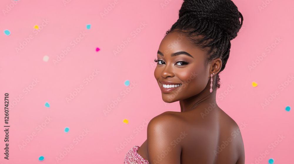 Afro woman in a gown with embroidery smiling at evening celebration festive birthday valentine Afro woman in a gown with embroidery smiling at evening celebration festive birthday valentine