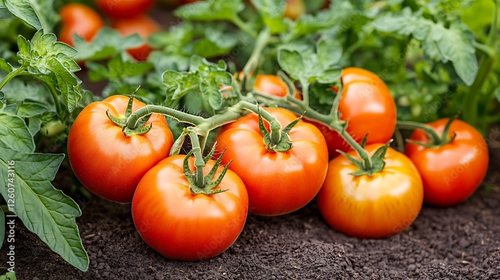 Ripe red tomatoes growing on vine in garden Ripe red tomatoes growing on vine in garden