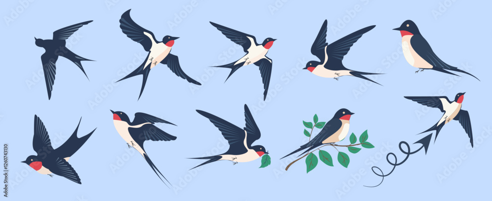 Swallows soaring through the sky symbolizing the joy of spring and the beauty of migration in flat design Swallows soaring through the sky symbolizing the joy of spring and the beauty of migration in flat design
