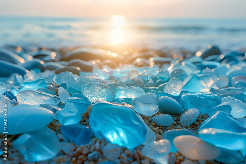 Beautiful blue sea glass scattered on a sandy beach at sunset Beautiful blue sea glass scattered on a sandy beach at sunset