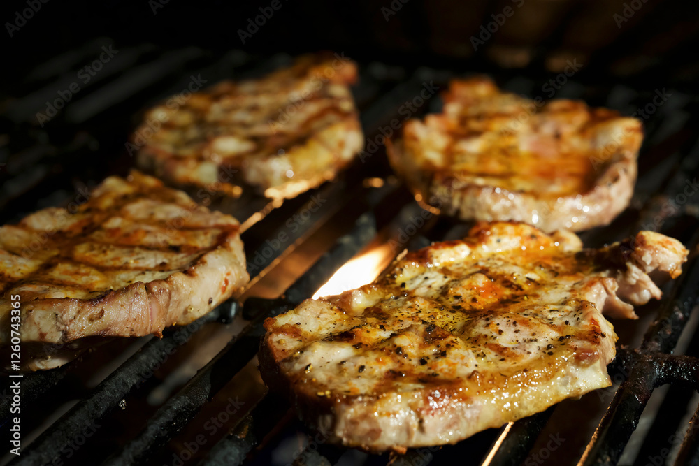 Four porks shoulder steaks on the barbeque Four porks shoulder steaks on the barbeque