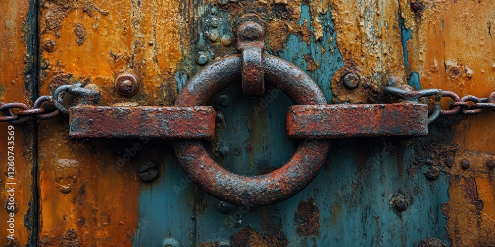 Aged and weathered rusty metal door with a large circular ring handle showcases the textured surface of industrial decay and intricate patterns Aged and weathered rusty metal door with a large circular ring handle showcases the textured surface of industrial decay and intricate patterns
