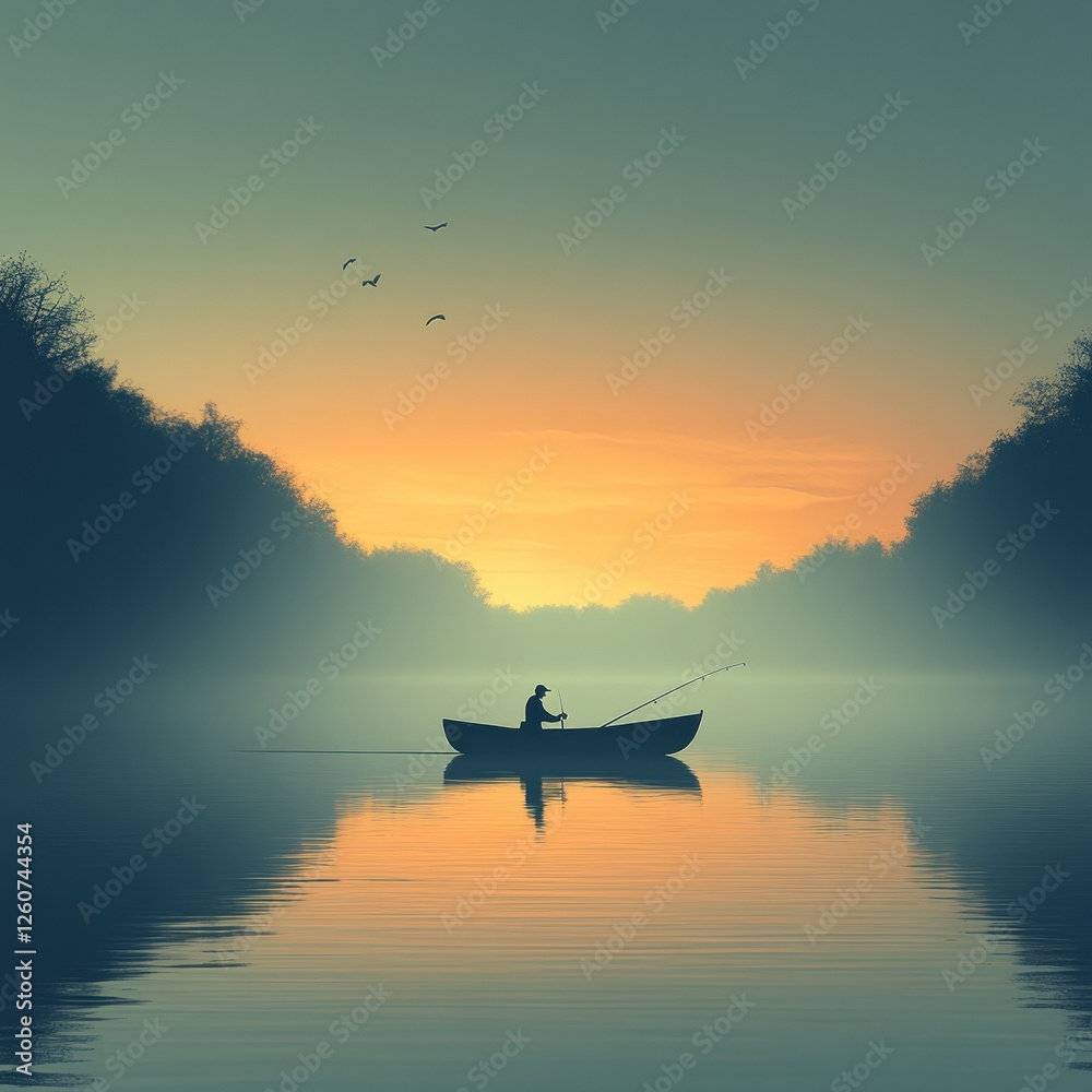 Fisherman in a canoe at sunrise on a tranquil lake Fisherman in a canoe at sunrise on a tranquil lake