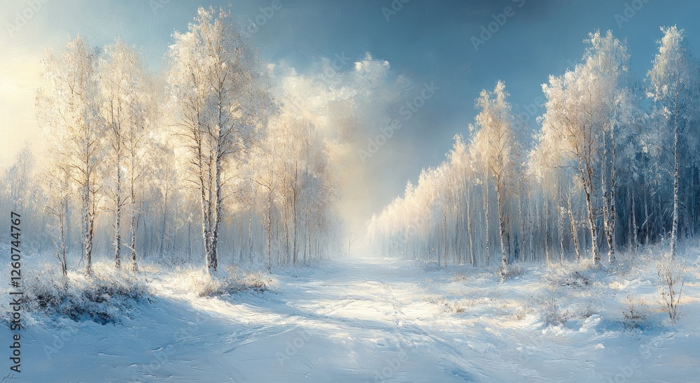 Winter Landscape with Ethereal White Trees and Soft Pastel Colors in Impressionist Style Winter Landscape with Ethereal White Trees and Soft Pastel Colors in Impressionist Style