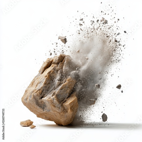 Explosive rock fragment bursting apart isolate on white background