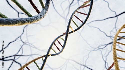 A vivid image of plant and animal DNA strands contrasted against a backdrop of human cells depicting the cross of genetic knowledge across species for optimization. photo