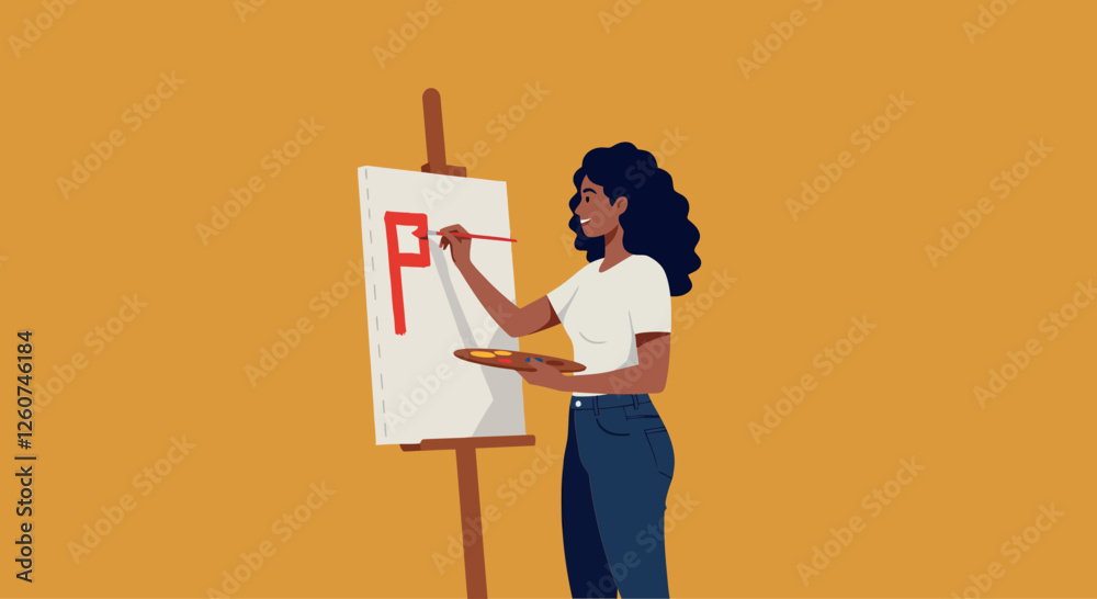 © DesignVectX - Woman painting a letter P on canvas in flat design style vibrant colors vector art © DesignVectX - Woman painting a letter P on canvas in flat design style vibrant colors vector art