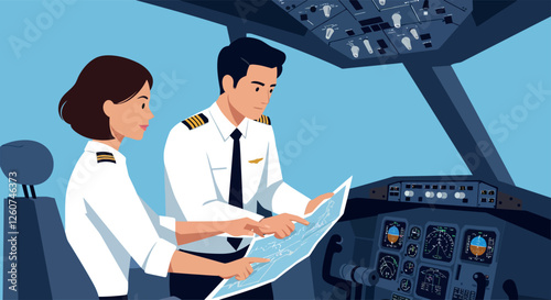 Pilots examining flight map in cockpit detailed flat vector art illustration showcasing teamwork and aviation professionalism
