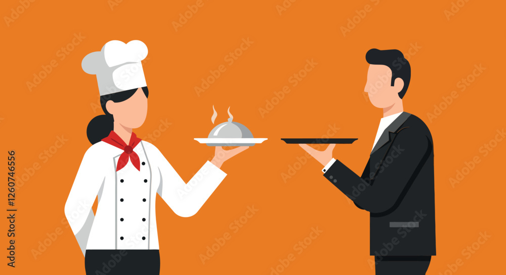 Chef presenting a dish to a customer in a minimal and colorful style vector illustration Chef presenting a dish to a customer in a minimal and colorful style vector illustration
