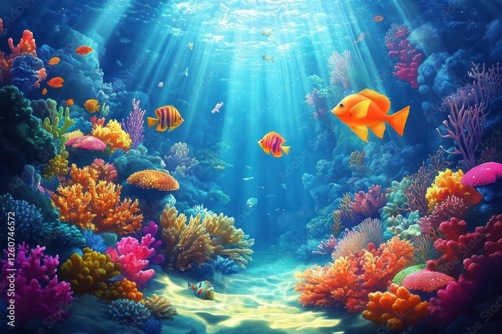 Naklejka premium Underwater Coral Reef Illustration with Tropical Fish and Sunlight
