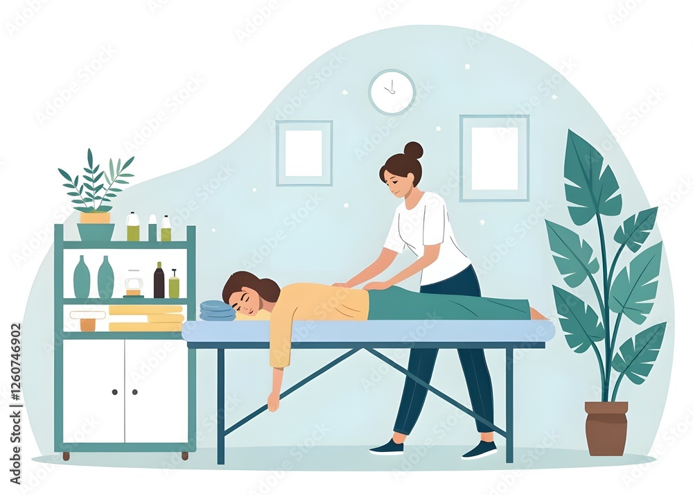 Obraz premium Massage Therapy Illustration, Professional Masseuse in a Relaxing Spa Environment