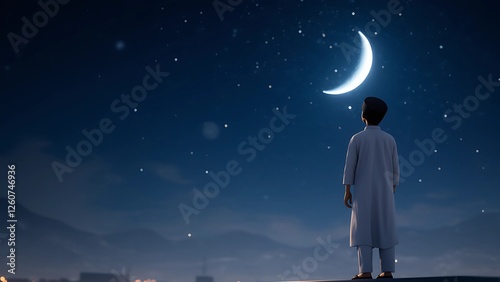 a Muslim Man Gazing at the Crescent Moon in a Starry Ramadhan Night 