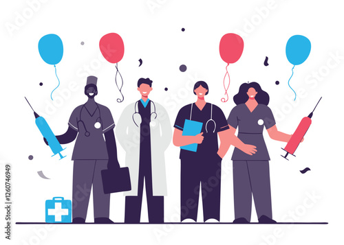 Happy Labor Day. Medical Workers Celebrate with Stethoscopes team party staff   