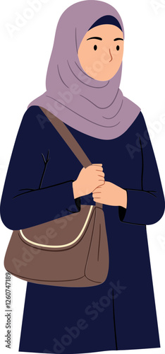 Woman wearing a hijab with a bag in a minimal flat design vector illustration