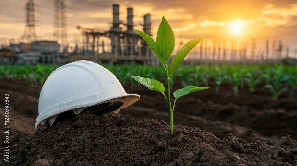Young plant emerges from soil near safety helmet at a power plant construction site under a vibrant sunset sky, symbolizing new life Young plant emerges from soil near safety helmet at a power plant construction site under a vibrant sunset sky, symbolizing new life