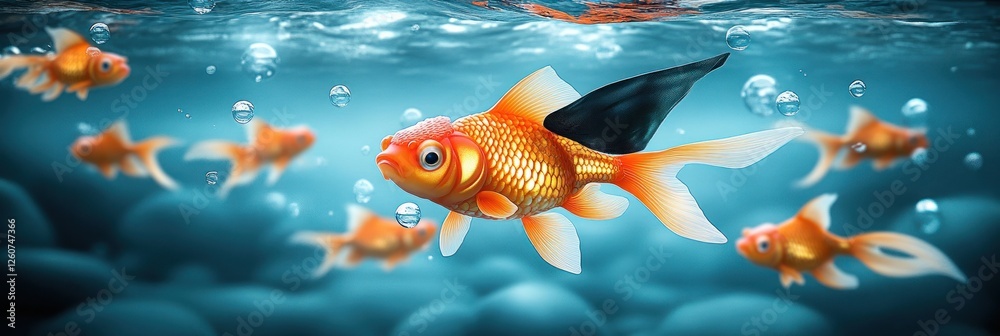 Naklejka premium Brave Goldfish with Shark Fin Costume Leading Goldfish Team Through Challenging Waters