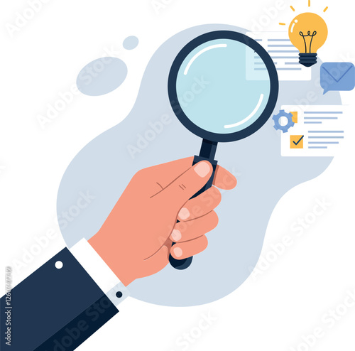 Hand holding a magnifying glass exploring ideas with detailed flat design vector art