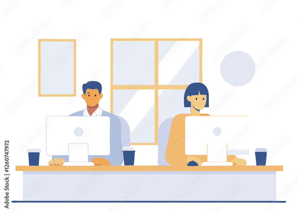 Happy Labor Day. Office Workers Busy at Work with Coffee desk typing vector Happy Labor Day. Office Workers Busy at Work with Coffee desk typing vector