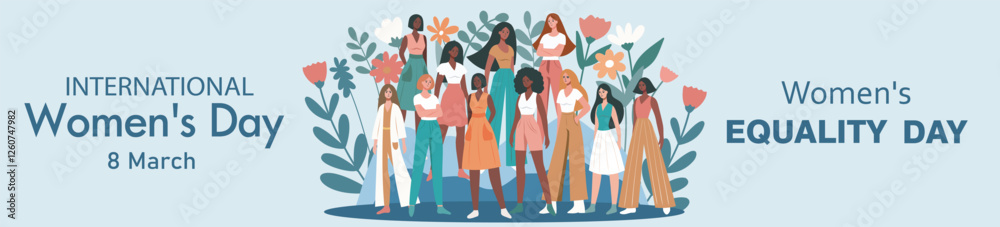 Obraz premium Women's Day. Equality Day. March 8. Women of different cultures and skin colors stand together against a background of flowers, fighting for gender equality and empowerment. Vector illustration