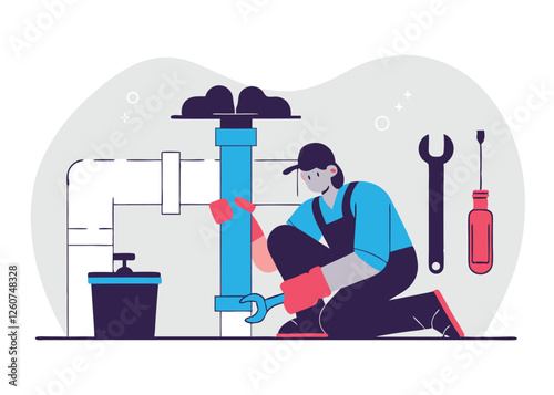 Happy Labor Day. Plumber Repairs Leaking Pipe, Tools and Wrench work vector design