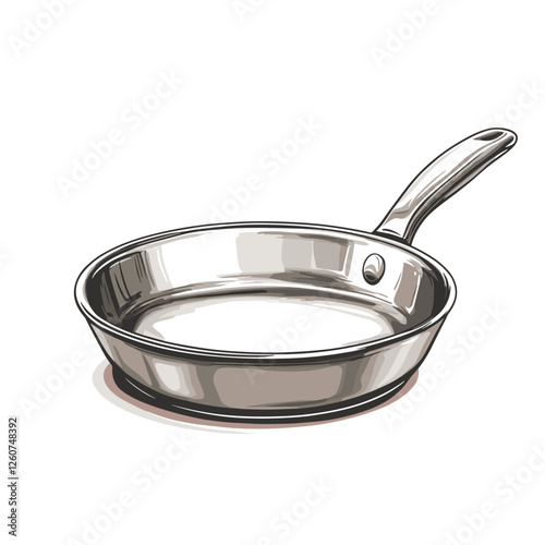 Realistic empty metal stainless steel frying pan with a handle isolated on a white background vector illustration kitchen utensil fry pans design. Modern kitchenware