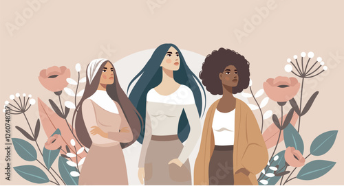 Women's day. Equality day. Vector illustration. Different women standing together on a background of flowers, fighting for freedom, gender equality and women's empowerment. For women's projects