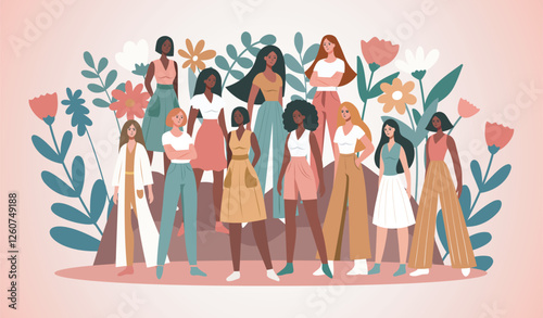 Women's Day. March 8. Equality Day. Women of different cultures and skin colors stand together against a background of flowers, fighting for gender equality and empowerment. Vector illustration