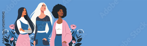 Women's Day. March 8. Vector horizontal banner, place for text. Different women together against the sky, fighting for gender equality and women's empowerment. Suitable for women's projects