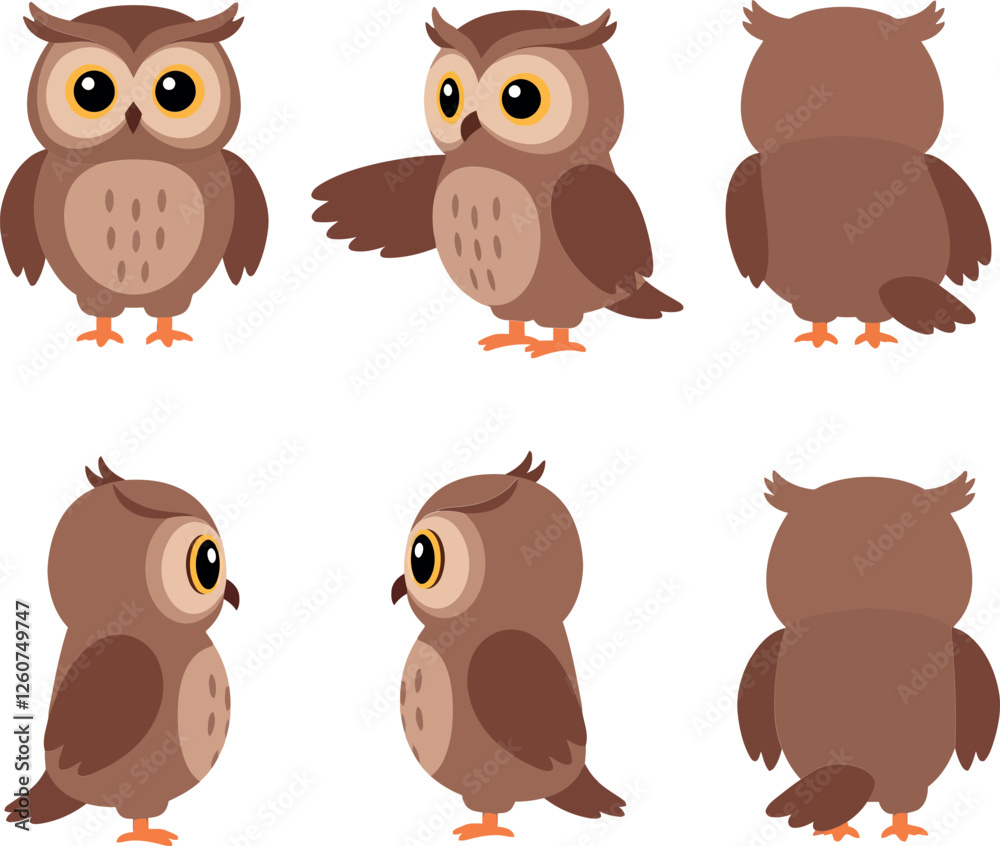 Cute owl character design in flat style showcasing multiple angles and poses in vibrant vector art Cute owl character design in flat style showcasing multiple angles and poses in vibrant vector art
