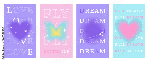 Modern posters, aesthetic backgrounds with typography, soft glowing elements  in pastel gradient colors. Aura hearts, butterfly, planet with blurry effect wallpaper, cover.