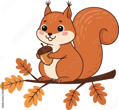 Cute squirrel holding an acorn on a branch with autumn leaves in a flat vector illustration