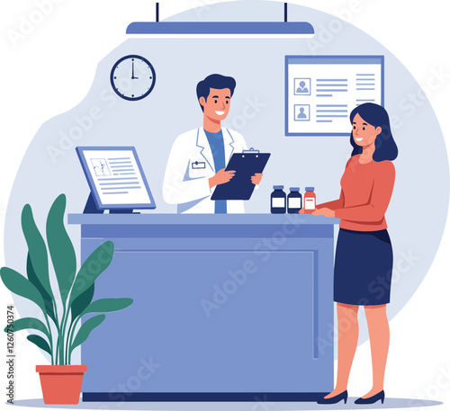 Pharmacist assisting customer with prescription in flat style vector illustration showcasing pharmacy interaction and care