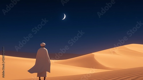 an Elderly Muslim Man Looking at the Crescent Moon in a Desert Landscape