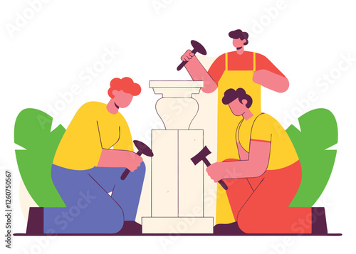 Labor Day Tribute. Sculptors Chiseling Stone Statues art work skill artist vector