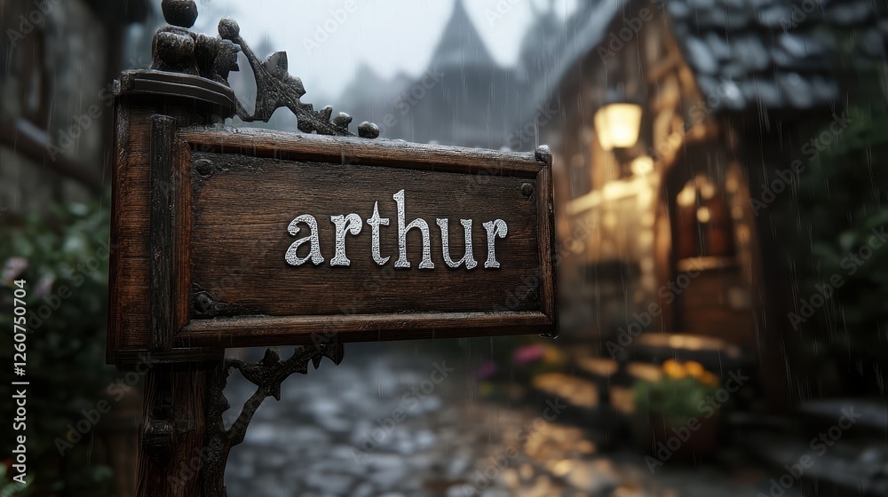 Obraz premium A Rustic Wooden Sign Featuring the Inscribed Name, Set Against a Charming Cobblestone Street Scene in a Quaint Medieval-Inspired Village