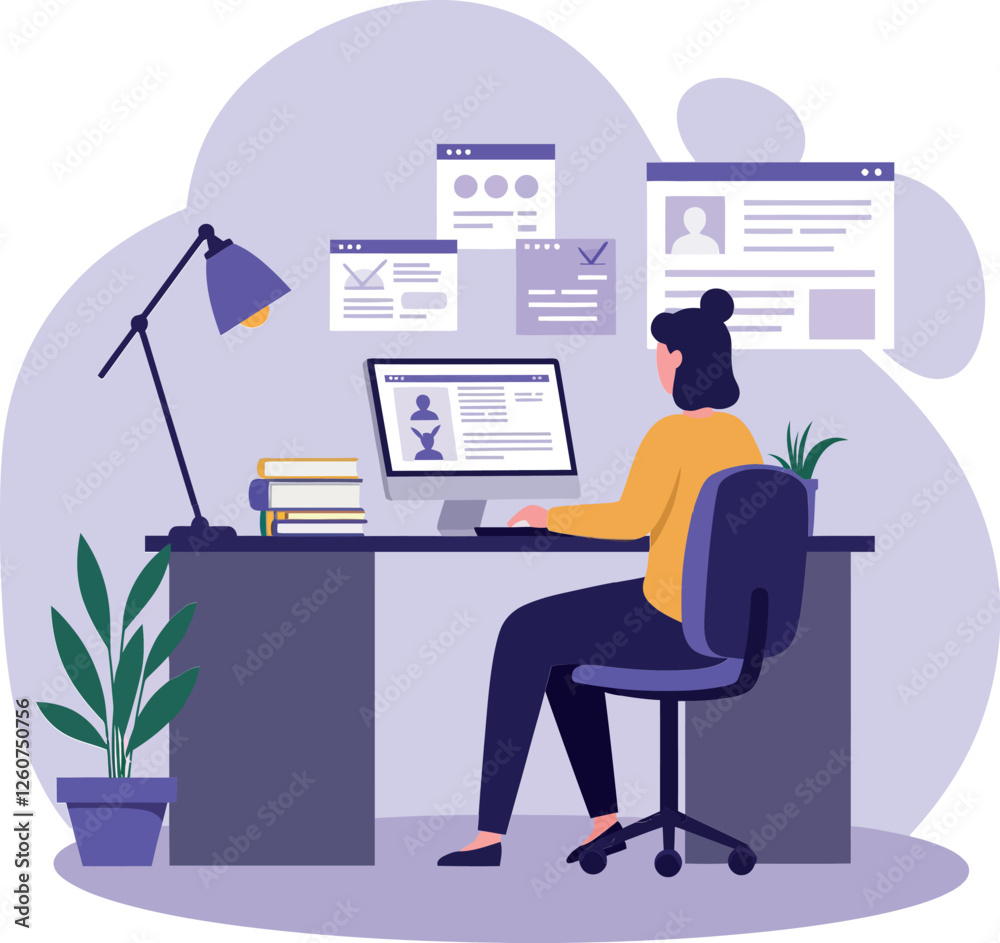 Woman working at a desk with computer and plant in a flat digital vector illustration Woman working at a desk with computer and plant in a flat digital vector illustration