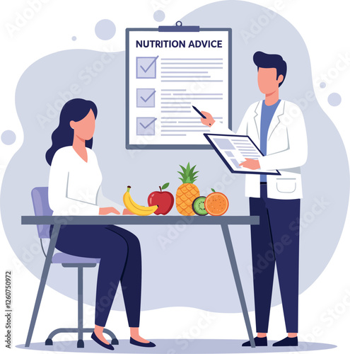 Nutrition advice consultation scene with fruits, minimal design style, health-focused vector illustration