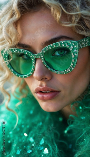 Young beautiful woman with glam style wearing green sunglasses against a bright background