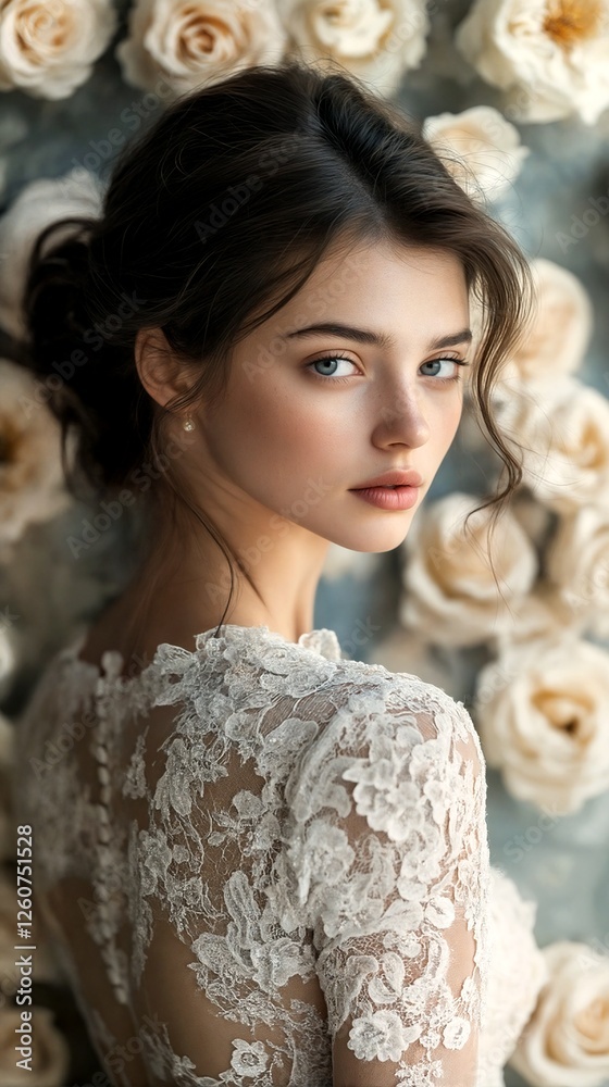 Naklejka premium A close-up portrait of a young woman with brown hair and blue eyes against a blurred background of white roses, alongside an extreme close-up of her shoulder covered by a lace wedding dress.
