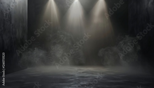Empty stage with spotlights, smoke and spotlights. Dark background