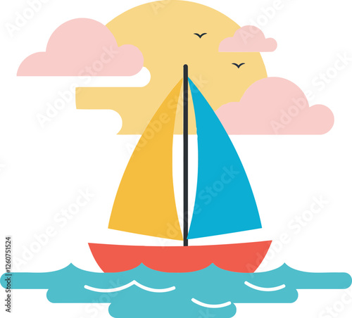 Colorful sailboat navigating on calm waters with a vibrant sun and clouds in flat vector art