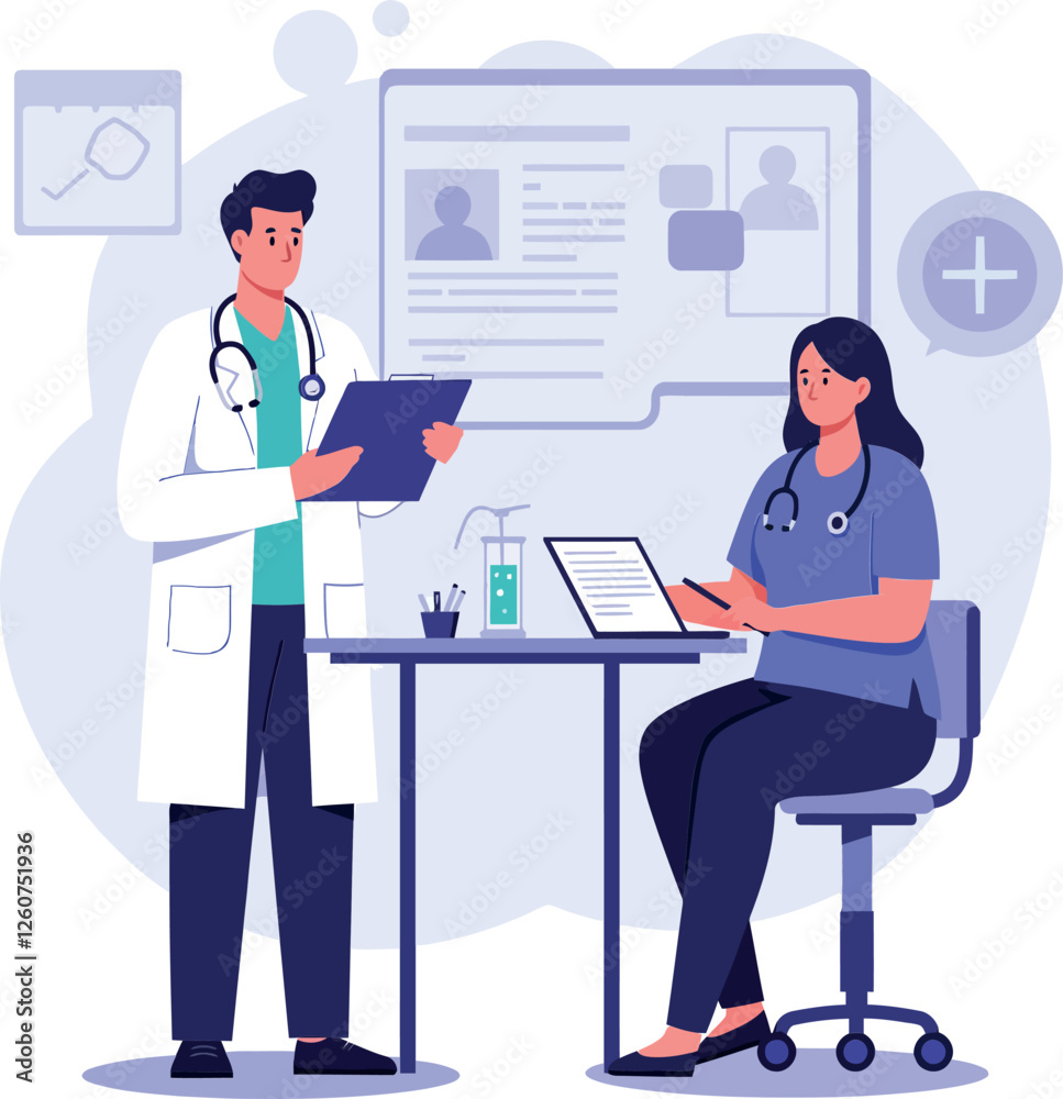 Medical professionals collaborating in a flat design with digital tools in a healthcare setting vector illustration Medical professionals collaborating in a flat design with digital tools in a healthcare setting vector illustration