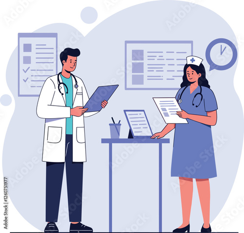 Healthcare professionals discussing patient records in a modern office setting with flat design vector art