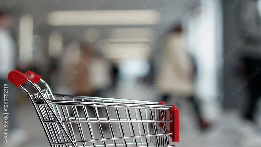 Slow motion video showcasing an empty shopping cart in the foreground, with blurred shoppers moving through a bustling supermarket in the background Slow motion video showcasing an empty shopping cart in the foreground, with blurred shoppers moving through a bustling supermarket in the background