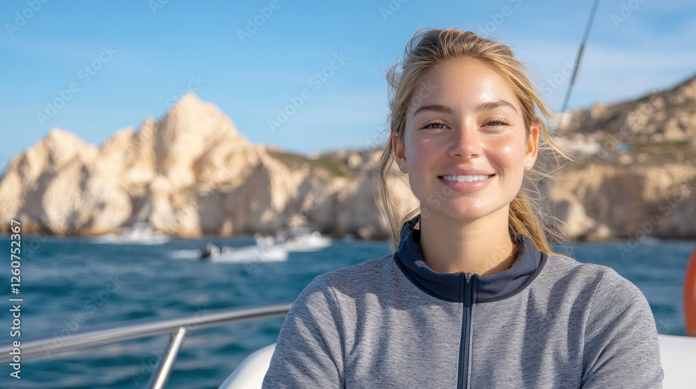 Fototapeta premium Blond woman wearing sleeveless t-shirt sitting on a boat at Cabo San Lucas